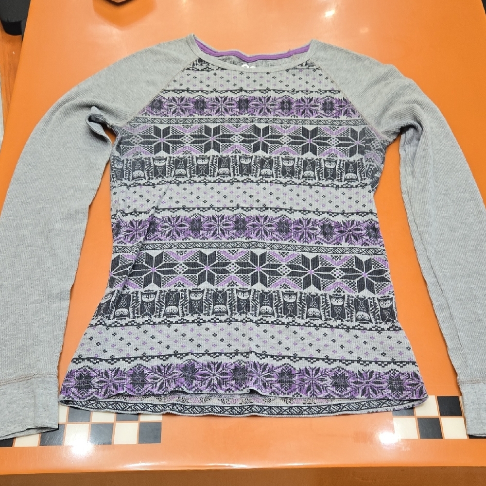 SO Gray and Purple Patterned Long Sleeve Top, Size XL